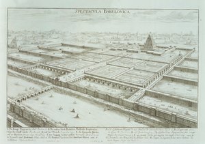 Panoraamanäkymä Babylonin kuninkaalliseen palatsiin ja riippuviin puutarhoihin, Entwurf einer historischen Architektur, 1721 tekijältä Johann Bernhard Fischer von Erlach