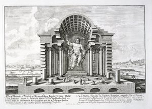 Phidiaksen Olympolaisen Zeuksen patsas, levy 5 teoksesta "Historiallisen arkkitehtuurin suunnittelu", kaiverrus Johann Adam Delsenbach (1687-1765) 1721 tekijältä Johann Bernhard Fischer von Erlach