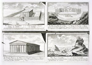 Näkymät neljälle klassiselle rakennukselle: Olympolaisen Zeuksen temppeli, Dionysoksen teatteri Ateenassa, Ateenan temppeli Ateenassa ja temppeli Korintissa, Entwurf einer historischen Architekturilta, tekijältä Johann Bernhard Fischer von Erlach