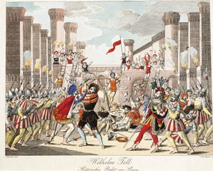 Historiallinen Henryn baletti, kohtaus Gioachino Rossinin "William Tell" -teoksesta, kaiverrus Geiger (värinen kaiverrus) tekijältä Johann Christian (after) Schoeller