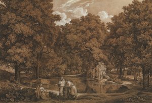Arkadian maisema kolmella hahmolla järvellä, 1792.