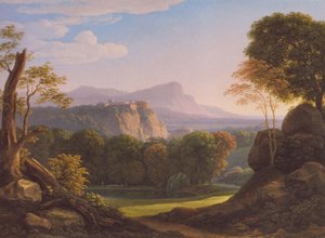 Saksa: Italienische Landschaft mit Schloss auf einem Bergrücken Italialainen maisema, jossa on linna harjanteella. tekijältä Johann Christian Reinhart