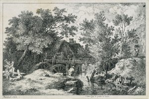 Maisema ja vesimylly (ensimmäinen yritys kaivertaa kupariin) tekijältä Johann Christian Reinhart