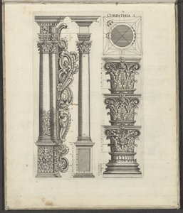 Korintin järjestyksen sarakkeet ja pääkaupungit Corinthia .I. (otsikko esineessä) Five Orders of Architecture (sarjan nimi) tekijältä Johann Christoph Feinlein