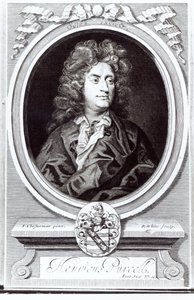 Muotokuva Henry Purcellista (1659-95), englantilainen säveltäjä, kaiverrettu R. Whiten toimesta, 1695.
