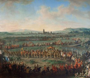Keisari Franz I. Stephanin ja hänen poikansa Joosef (II) saapuminen Frankfurtiin 29. maaliskuuta 1764. tekijältä Johann Dallinger von Dalling