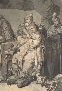 Nainen käymälässä palvelijan, pojan, koiran ja nuoren sotilaan kanssa, versio: Luonnos..., 1770.