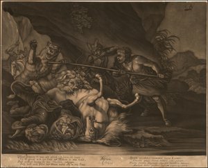 Ca. 1770 allegorinen Afrikkaa esittävä mezzotintta. tekijältä Johann Elias Ridinger