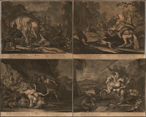 Ca. 1770 Afrikan, Aasian, Amerikan ja Euroopan allegoriset sekatulosteet yhdellä sivulla. tekijältä Johann Elias Ridinger
