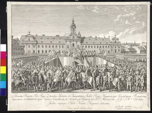 Keisari Leopold II:n kruunajaiset Unkarin kuninkaaksi Bratislavassa 15. marraskuuta 1790 (kuparikaiverrus).