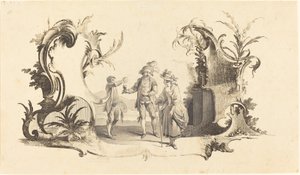 Cartouche Moderne, jossa nuori pari tarjoilee viiniä tekijältä Johann Esaias Nilson