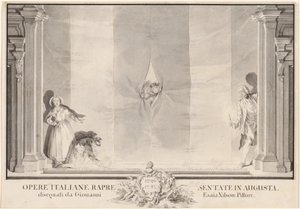 Kaksi näyttelijää kurkistamassa teatteriesiripun läpi, kun toiset valmistelevat jalkavaloja tekijältä Johann Esaias Nilson