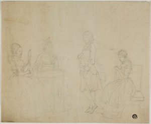 Piirros perheryhmästä, jossa on kolme istuvaa naista ja nuori mies seisomassa tekijältä Johann Friedrich August Tischbein