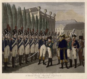Ranskalaisten vartijoiden paraati Lustgartenissa Berliinissä 1806 - Juegel, Johann Friedrich (1772-1833) - 1806 - Akvatinta - 31,6x39 - Yksityiskokoelma