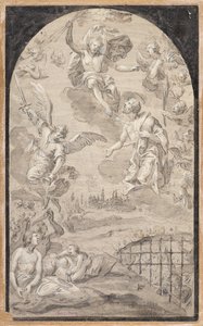 Pyhä rukoilee Kristuksen kanssa, ettei hän heittäisi salamaa Augsburgin kaupunkiin tekijältä Johann Georg Melchior (1625 1705) Schmittner
