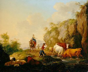 Maisema herdsmanin ja rustiisien kanssa tekijältä Johann Georg Pforr