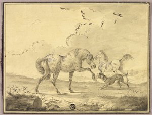 Kaksi hevosta taistelevat koira tekijältä Johann Georg Pforr