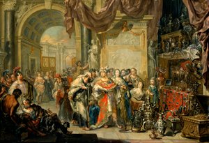 ""Cresus (596-546 avant JC) montre ses tresors a Solon (640-558 av. JC)" - Croesus ja Solon - Öljy kuparille, kirjoittanut Johann Georg Platzer (1704-1761) - Valtion taidegalleria, Dresden tekijältä Johann Georg Platzer