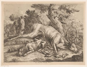 Metsästyskoira ja saalis peurojen ja lintujen kanssa Metsästyssaappaat (sarjan nimi) tekijältä Johann Georg Wachsschlunger