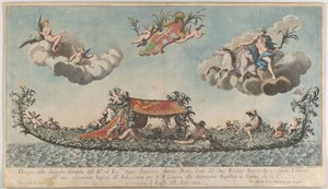 Francesco Antonio Berkan erittäin koristeltu toinen gondoli saapumassa Venetsiaan, jumalat n..., 1700. tekijältä Johann Georg Wolfgang