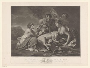 Jupiter gezoogd door de geit Amalthea Jupiterin hoito (otsikko esineessä) tekijältä Johann Gerard Huck