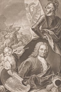 Taidemaalari Georg Philipp Rugendasin rintakuva taistelukohtauksella taustalla tekijältä Johann Gottfried Haid