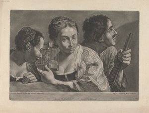 Kaksi naista kuuntelemassa lintua ja mies pitelee asetta tekijältä Johann Gottfried Haid