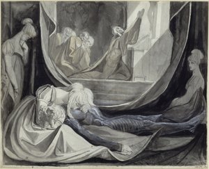 Kriemhild valvoo Siegfriedin ruumiin äärellä tekijältä Johann Heinrich Füssli