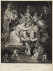 Titania suutelee Bottomia Kesäyön unessa tekijältä Johann Heinrich Füssli