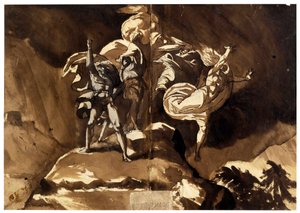 Noidat kelluvat Macbethin ja Banquon yläpuolella (Les sorcieres flottant au dessus de Macbeth et Banquo) - par Fussli (Fuseli), Johann Heinrich (1741-1825), - Kynä, sivellin, ruskea intialainen muste, valkoinen väri, musta liitu paperille, 46,5x66,2 - Yksi