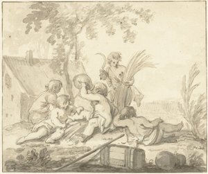 Allegorinen esitys lasten kanssa ja maatalouden attribuutit tekijältä Johann Heinrich Keller (II)