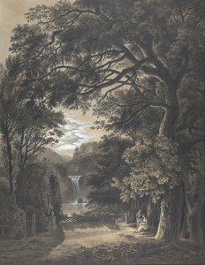 Perhe kokoontui muistomerkin eteen maisemassa, jossa on vesiputous, 1805. tekijältä Johann Heinrich Meyer