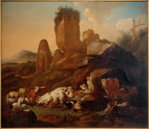 Ruhende Hirtin und Vieh tekijältä Johann Heinrich Roos