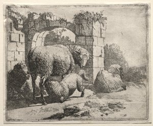 Lampaat lähellä kaaren raunioita, 1665. tekijältä Johann Heinrich Roos
