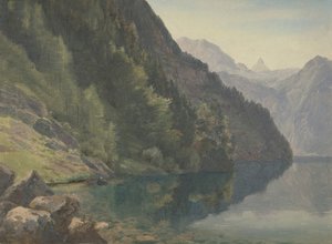 Metsäinen ranta King Königsee -järvellä, 1800-luvun ensimmäinen puolisko. tekijältä Johann Heinrich Schilbach