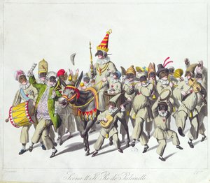 Kuningas Punchin kulkue roomalaisen karnevaalin aikana, 1800-luvun alku (värikaiverrus) tekijältä Johann Heinrich Stuermer