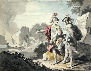 Nestor näyttää Telemachuksen laivan (grafiitti ja akvarelli paperille) tekijältä Johann Heinrich Tischbein