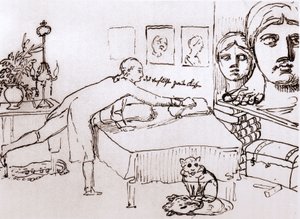 Johann Wolfgang Von Goethe talossaan Via del Corsolla Roomassa. Johann Heinrich Wilhelm Tischbeinin (1751-1829) piirros (kutsutaan myös Goethe-Tischbeiniksi tai Goethe Tischbeiniksi). sd. 1700-luku.