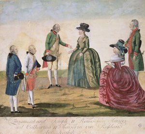 Joosef II:n (1741-90) ja keisarinna Katariina Suuren (1729-96) tapaaminen Koidakissa 18. toukokuuta 1787 (värillinen kuparikaiverrus)