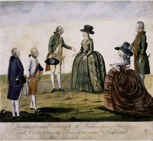 Katariina II:n ja Joosef II:n tapaaminen Dneprillä ma... (värikaiverrus) tekijältä Johann Hieronymus Loeschenkohl