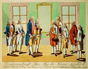 Keisari Leopold II:n tapaaminen Preussin kuningas Friedrich-Wilhelm III:n ja Saksin vaaliruhtinas Friedrich Augustin kanssa Pilnitzin linnassa ... (kaiverrus). tekijältä Johann Hieronymus Loeschenkohl