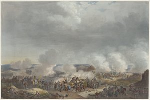 Orangen prinssi Quatre-Brasin taistelussa, 1815 Kaksitoista levyä William I:n saapumisesta ja virkaanastumisesta Brysseliin sekä taisteluista Quatre-Brasissa ja Waterloossa vuonna 1815 (sarjan nimi) tekijältä Johann Hürlimann