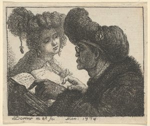 Mies turbaanissa lukemassa nuorelle naiselle tekijältä Johann Jakob Dorner the Elder