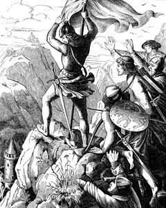 Otto I Baijerilainen estää keisarin tappion Veronan lähellä. Kuva Saksan kansan historiasta E. Duller, 1840