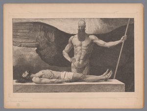 Kristus sarkofagissa enkelin kanssa Der Triumph der Finsternis (otsikko esineessä) Seitsemän mystistä esitystä (sarjan nimi) tekijältä Johann Jakob Weber
