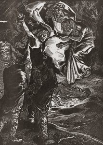 Macbeth ja Banquo tapaavat kolme noitaa, 1900-luku (kaiverrus) tekijältä Johann Joseph Aarts