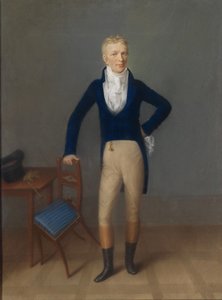 Täyspitkä muotokuva vaaleatukkaisesta herrasmiehestä ratsastusasussa, nojaten tuolin selkänojalle tekijältä Johann Lorenz Kreul