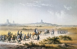 Heinrich Barthin (1821-65) Caravanin sisäänkäynti Timbuktuun vuonna 1853, Barthin teoksesta "Travels and Discoveries in North and Central Africa", kaiverrettu Eberhard Emmeminger (1808-85), julkaistu 1857 (väri)