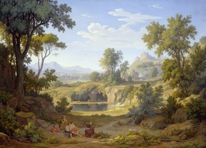 Italialainen maisema pyhiinvaeltajan ja maalaismaisten kanssa, 1829