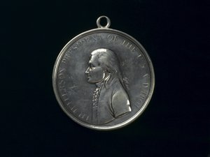 Thomas Jeffersonin intiaanien rauhanmitali, n. 1801 (hopea) tekijältä Johann Mathias Reich